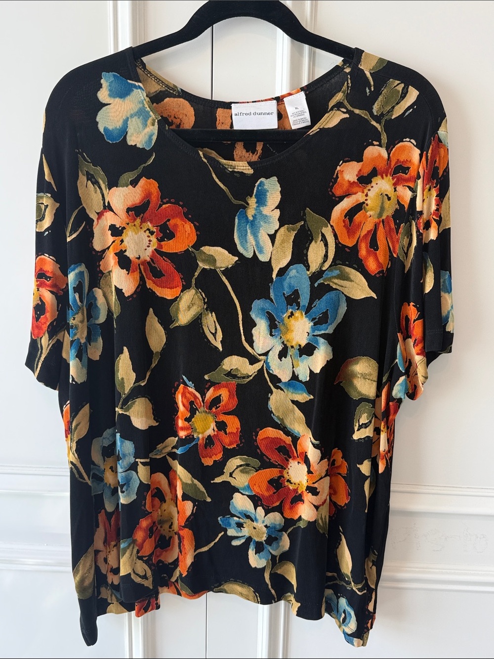 Alfred Dunner Black Short-Sleeve Top with Orange & Blue Floral Print